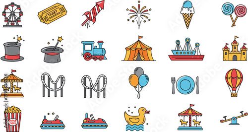 Amusement Park Icon Set with Ferris Wheel, Roller Coaster, Circus Tent, Carousel, Fireworks, and Funfair Elements for Entertainment Design.