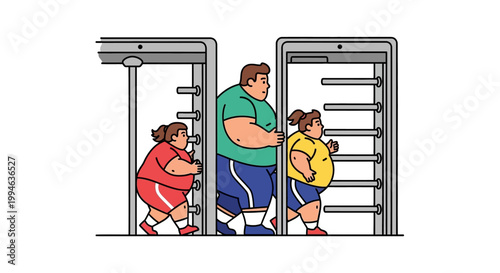 Three Overweight People Passing Through Security Turnstiles.