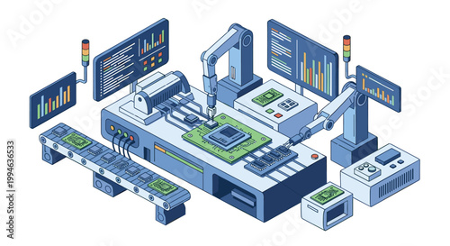 Pristine isometric electronics manufacturing station showcases precise robotic grippers assembling green circuit boards amidst glowing data screens now.