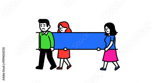Three People Carrying a Blue Rectangular Object in Illustration.