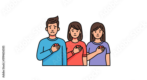 Three People Expressing Sadness and Holding Their Chests in Grief.
