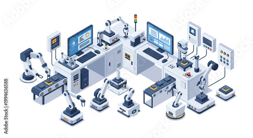 Meticulous isometric industrial automation factory floor features multiple white robotic arms operating blue conveyor belts under bright clinical light.