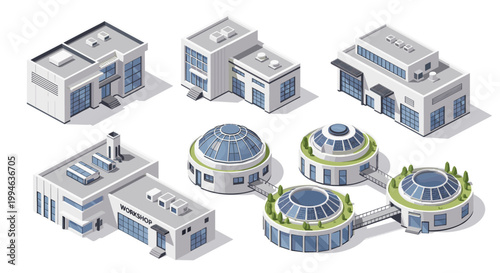 Modern isometric industrial complex features a variety of white factory buildings and sustainable circular structures equipped with solar panels and glass domes.