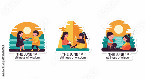 Three Colorful Stickers Depicting Children and the June 1st Celebration.