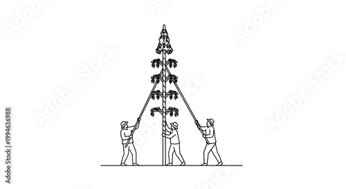 Three Individuals Erecting a Tall Pole with Ropes and Effort.