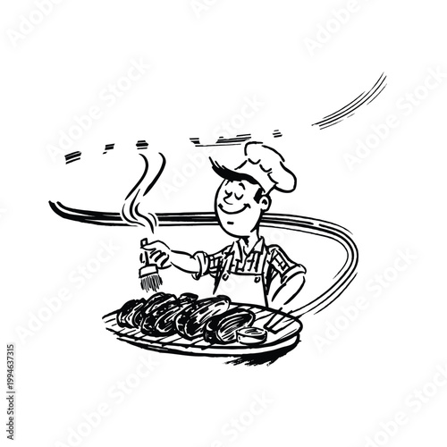 A cartoon vector illustration of a professional chef in a white uniform and hat holding a delicious Italian pizza, a gourmet meal plate, and a cooking spoon in a restaurant kitchen