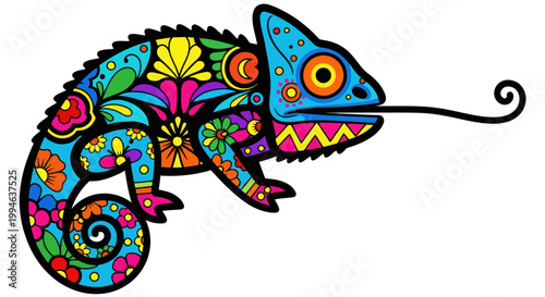 Colorful Chameleon with Tongue Out, Psychedelic Patterns, White Background