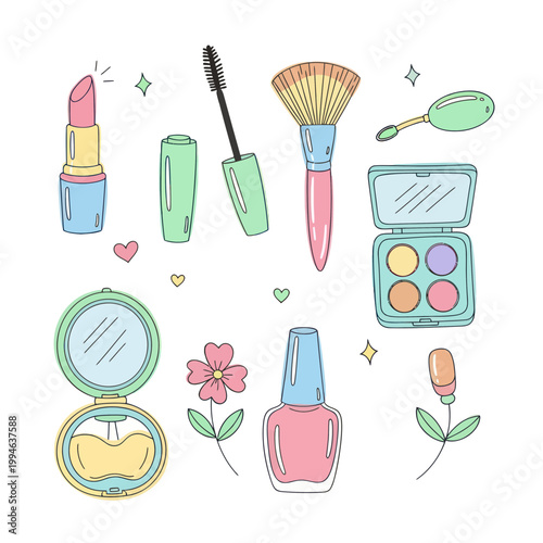 Cute Hand-Drawn Makeup and Cosmetics Collection Vector Illustration