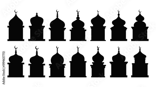 A collection of black silhouette illustrations showcases various ornate islamic domes and crescent moon finials high quality professional detailed modern elegant stylish clean crisp vibrant colorful