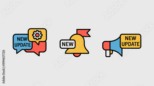 A colorful illustration displays three notification icons a speech bubble a bell and a megaphone all indicating new update high quality professional detailed modern elegant stylish