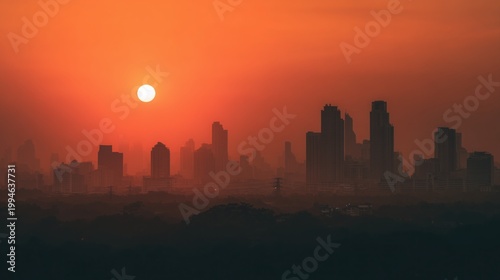 An orange sky of the city at sunset, the silhouette of buildings in an aerial view.