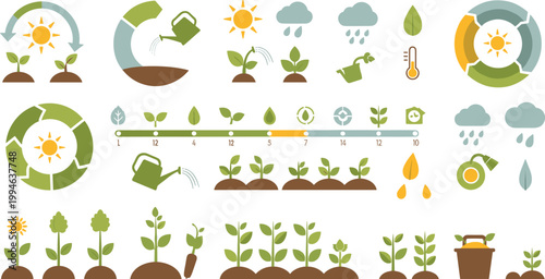 Smart Gardening and Plant Growth Icon Set with Watering, Sunlight, Weather, Soil Care, and Eco Farming Elements for Sustainable Agriculture Design