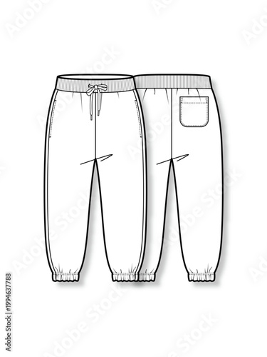 Cuadro en lienzo Kids Jogger Pants Technical Flat Sketch, Children Sweatpants Elastic Waist Front