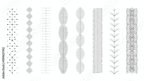 A series of abstract linear diagrams depicting wave like and geometric patterns arranged horizontally in a minimalist style high quality professional detailed modern elegant stylish clean