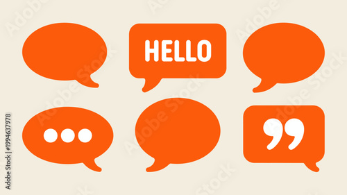 An assortment of vibrant orange speech bubbles including one with hello and others with ellipses or quotation marks high quality professional detailed modern elegant stylish clean