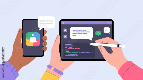 An illustration depicts hands interacting with digital devices a smartphone displaying a messaging app and a tablet showing code high quality professional detailed modern elegant stylish