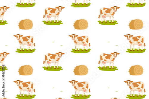 Seamless pattern with cows and hay bales, farm animals agriculture background, rural countryside texture