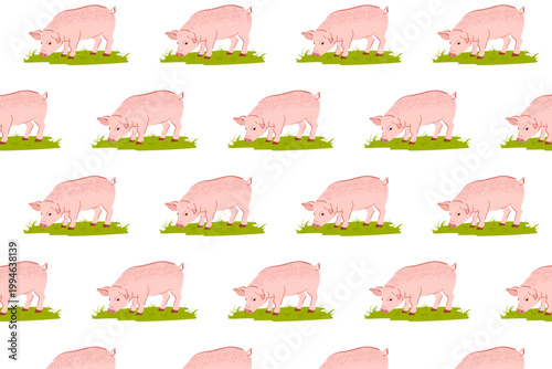 Seamless pattern with pigs on green grass, farm animals agriculture background, cute rural design