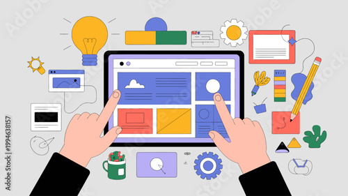 A digital tablet displays a grid based website interface surrounded by colorful icons and design elements being interacted with by two hands high quality professional detailed