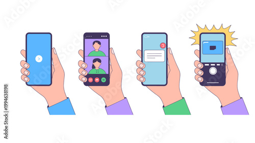 Four hands hold up smartphones displaying various app interfaces including a video call notifications and a streaming service high quality professional detailed modern elegant stylish clean