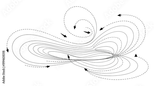An abstract illustration depicts a complex network of swirling lines and directional arrows suggesting movement and flow within a system high quality professional detailed modern elegant