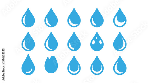 A collection of vibrant blue water droplets are arranged across a white background showcasing various shapes and sizes high quality professional detailed modern elegant stylish clean