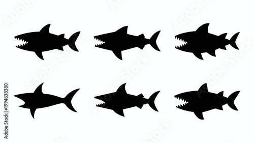 A minimalist graphic displays six silhouetted sharks of varying poses against a clean white background creating a striking visual pattern high quality professional detailed modern elegant
