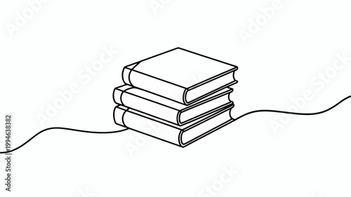 A minimalist line drawing depicts three stacked books with a continuous line extending from the pile creating a simple elegant composition high quality professional detailed modern