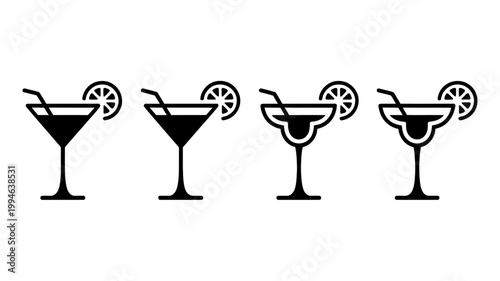 A simple black and white illustration depicts four different styles of martini glasses each garnished with a citrus slice high quality professional detailed modern elegant stylish