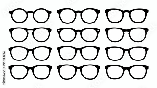 A collection of twelve different styles of black eyewear frames is displayed in a grid arrangement on a plain white background high quality professional detailed modern