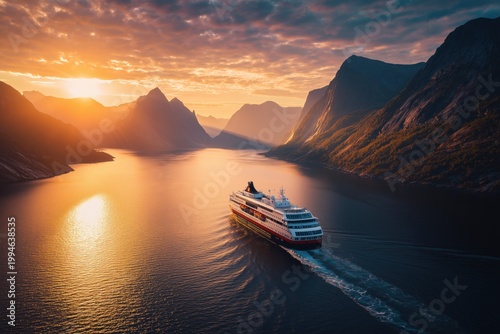 A cruise ship sailing in the fjord at sunset, drone aerial view, dramatic lighting.