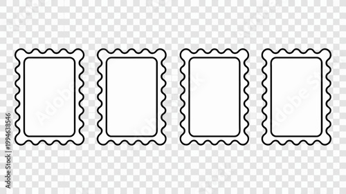 Four rectangular postage stamps with a decorative scalloped border are displayed on a transparent background showcasing a simple design high quality professional detailed modern elegant stylish