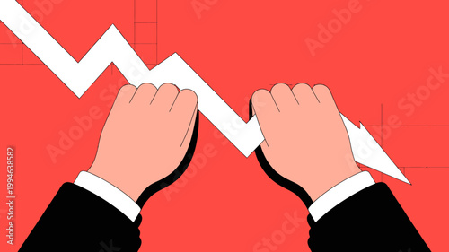 A visual representation depicts two hands attempting to hold back a sharply declining white arrow against a red grid background high quality professional detailed modern elegant