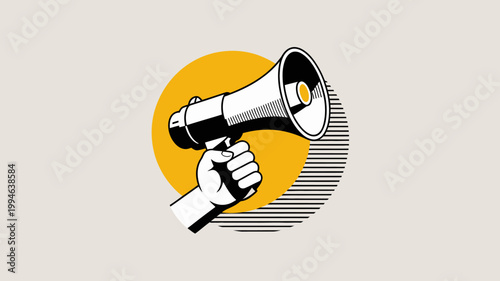 A stylized illustration features a hand firmly grasping a vintage megaphone set against a bold circular yellow backdrop high quality professional detailed modern elegant stylish clean