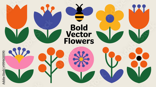 A vibrant and colorful vector illustration depicts an assortment of stylized flowers and a bee against a cream background high quality professional detailed modern elegant stylish