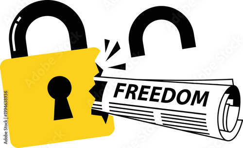 Symbolic illustration of a broken padlock revealing the word FREEDOM, representing liberation, overcoming censorship, and the triumph of truth