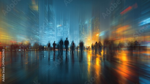 A blurred cityscape with people walking, symbolizing the fast-paced and dynamic nature of business in an urban environment.
