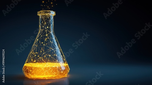 Science and research concept with glowing lines in the shape of a beaker on a dark blue background.