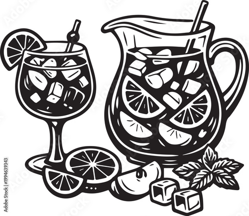 Black line sangria drink set with pitcher and cocktail glass fruit slices doodle illustration