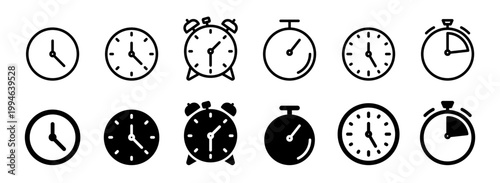 Clock and timer icons collection. Alarm, schedule, timers, time management, business, counter, countdown, and stopwatch line art and solid symbols set. Vector illustration on transparent background