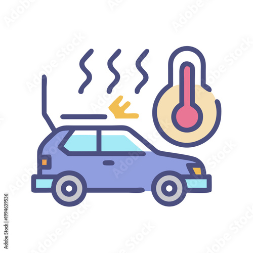 Car overheating symbol with thermometer and steam, flat design illustration
