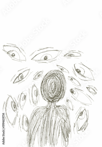 The Gaze of Introspection: A solitary figure, shrouded in anonymity, confronts a myriad of observing eyes, a symbolic exploration of self-awareness and the weight of observation.