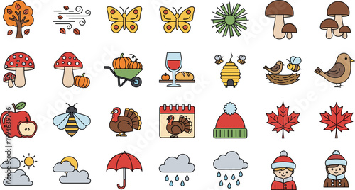 Autumn Season Icon Set with Leaves, Mushrooms, Birds, Weather, Harvest, and Fall Elements for Cozy Design and Vector Illustration Collection.