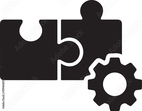 Assembly icon with gears tools and parts symbolizing construction process and system integration