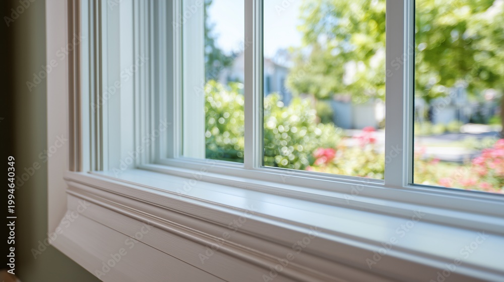 Fototapeta premium Close-up of a newly installed window with intact glass and repaired frame, showing sill, seal and weatherproofing in a bright residential interior.