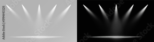 Fotografie Stage lighting fixtures with dynamic white spotlights beams, realistic studio il