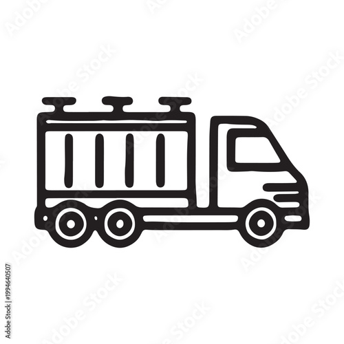 Garbage truck, waste management vehicle, sanitation truck, black line icon