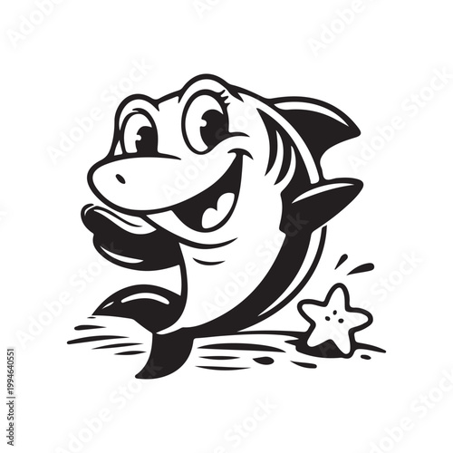 Happy cartoon shark character smiling with a starfish monochrome vintage vector art