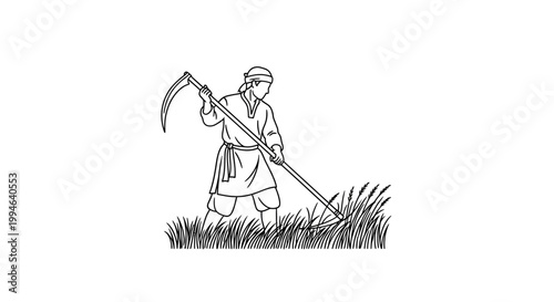 Traditional Farmer Harvesting Crops with Scythe in Field.