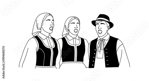 Traditional Singers Performing in Authentic Folk Costumes, Singing Together.